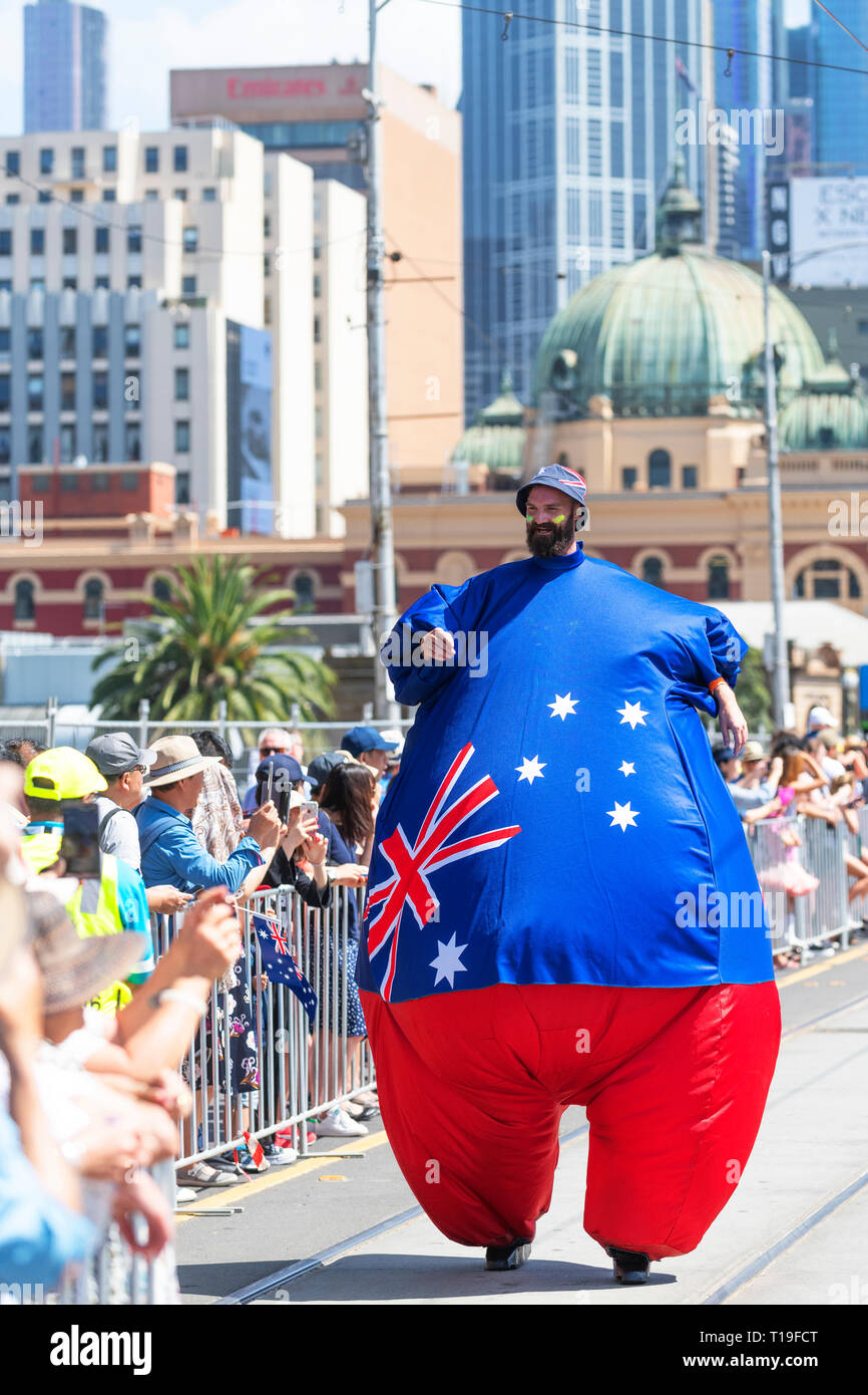 Man in costume with Australian flag takes part in Melbourne's Australia Day Parade. Stock Photo