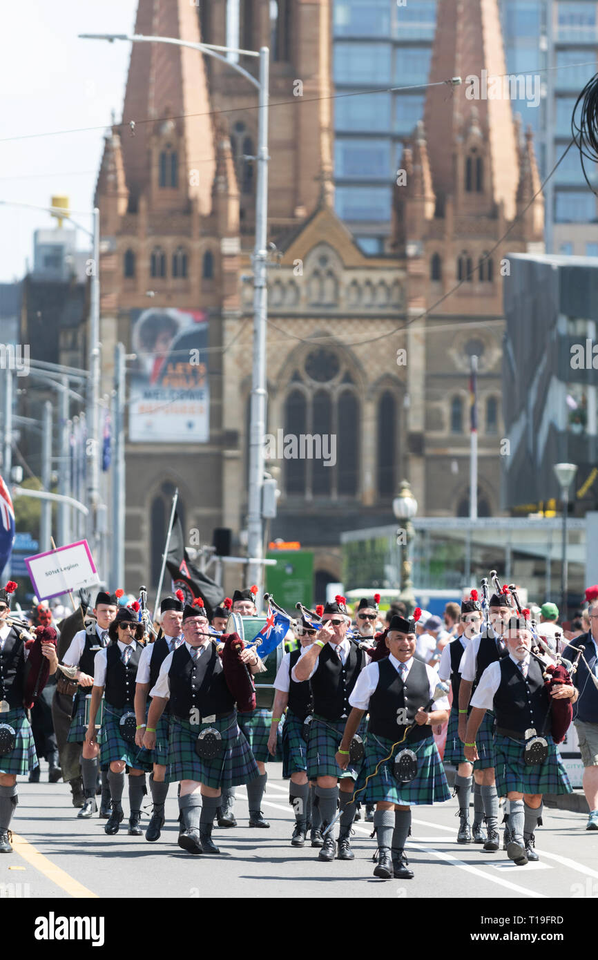 Men in traditional Scottish dress take part in Melbourne's Australia Day Parade. Stock Photo
