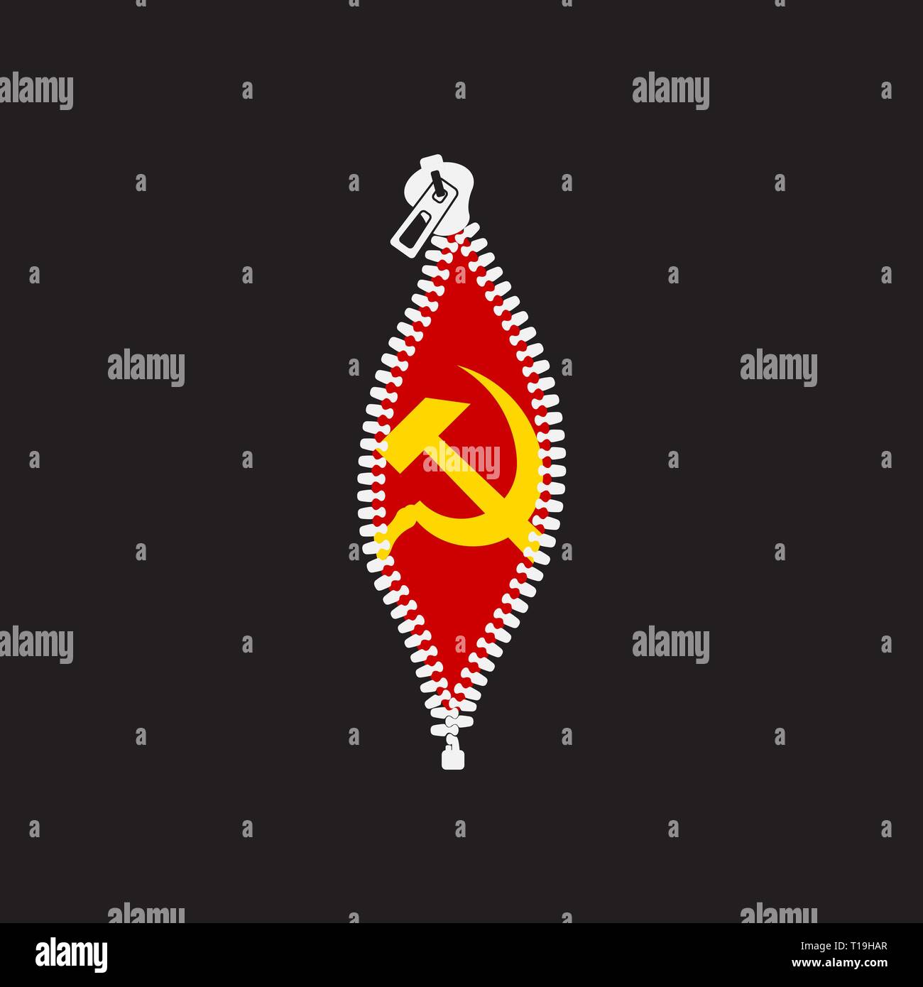 Communist undercover , red flag hammer and sickle in zipper slit Stock Vector