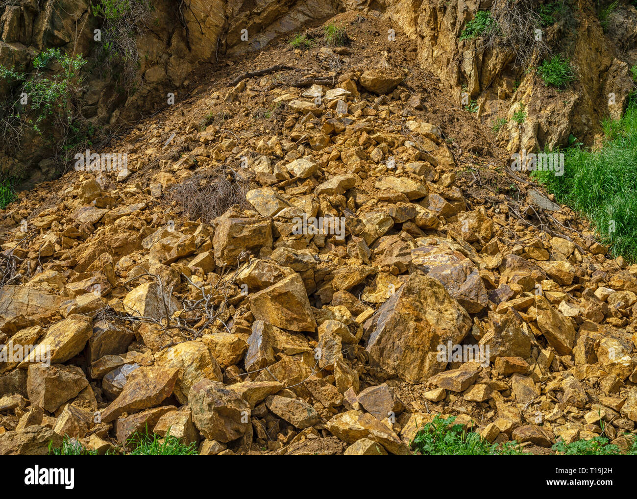 Landslide along fire road in Runyon Canyon due to heavy rains, Los Angeles, CA. Stock Photo