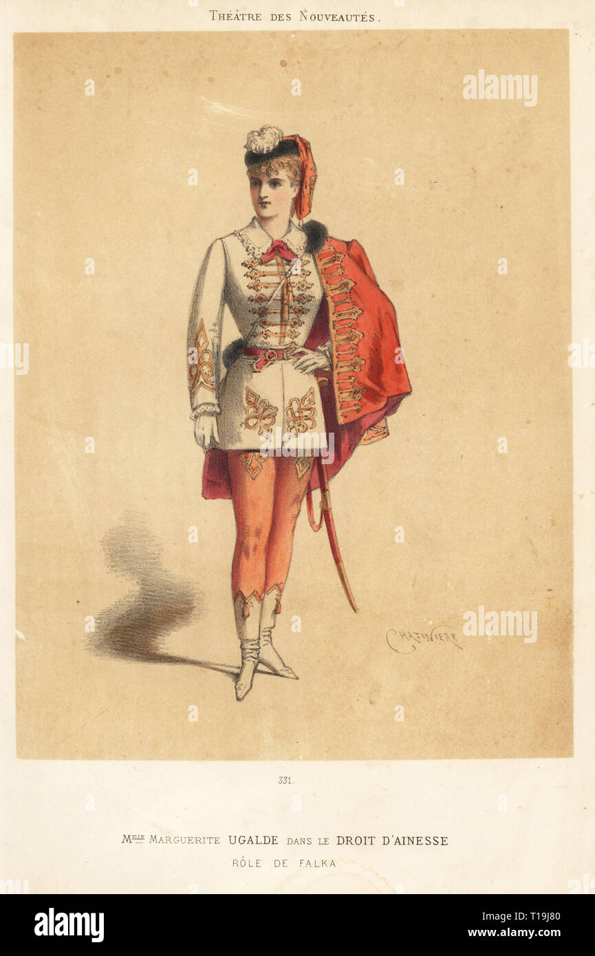 Marguerite Ugalde, French mezzo-soprano, as Falka in the operetta Le Droit d'Ainesse by Chassaigne, Leterrier and Vanloo, 1883. Handcoloured lithograph by Chatiniere published by Martinet, Paris, 1883. Stock Photo