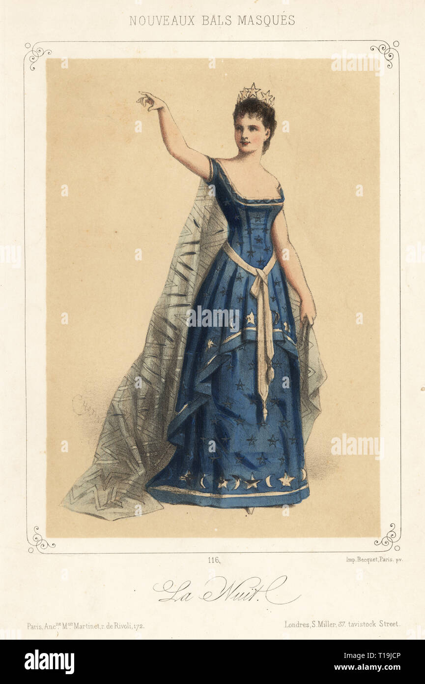 Woman in costume as Night (la Nuit) in a dress decorated with stars and  zodiac signs for a masquerade ball, late 19th century, Paris. Handcoloured  lithograph by Chatiniere published by Martinet, Paris,