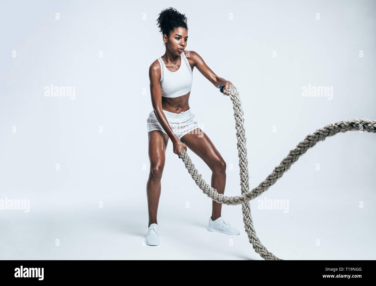 Fitness woman using training ropes for exercises. Athlete working out with battle ropes on white background. Stock Photo