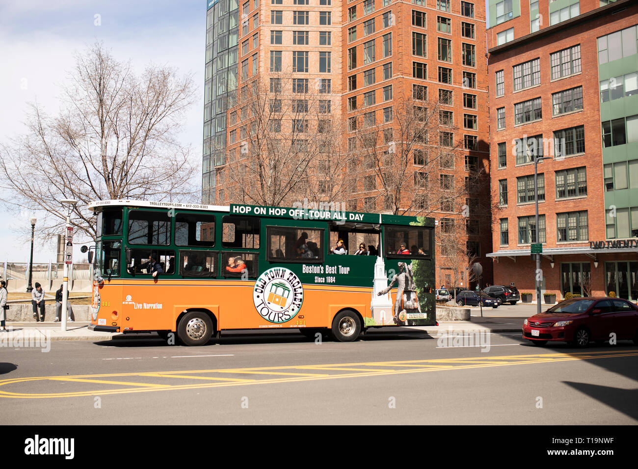 A trolley sightseeing tour bus in Boston, Massachusetts, USA. Stock Photo