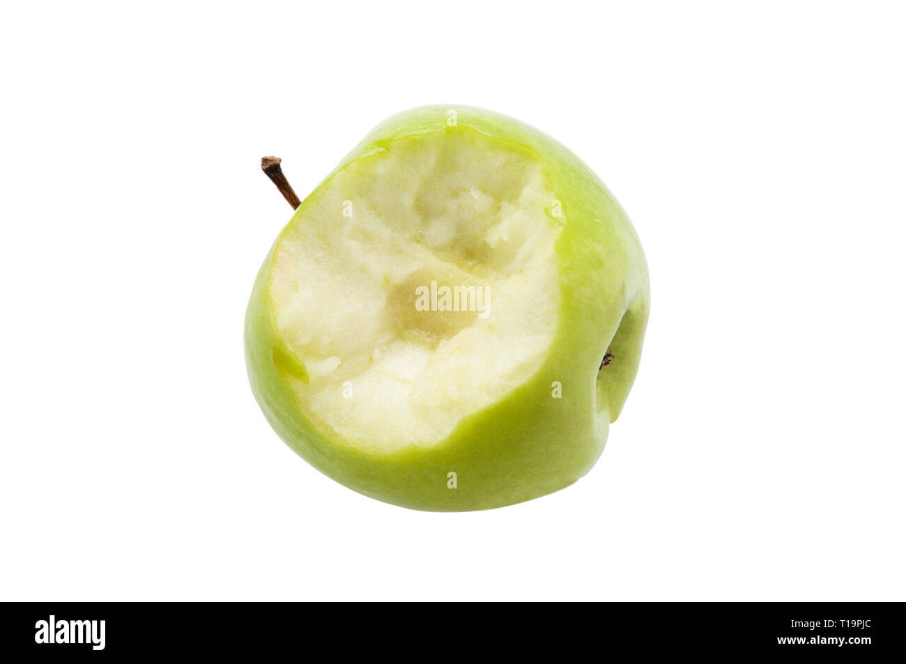 Green apple bitten on a white background. Isolated Stock Photo