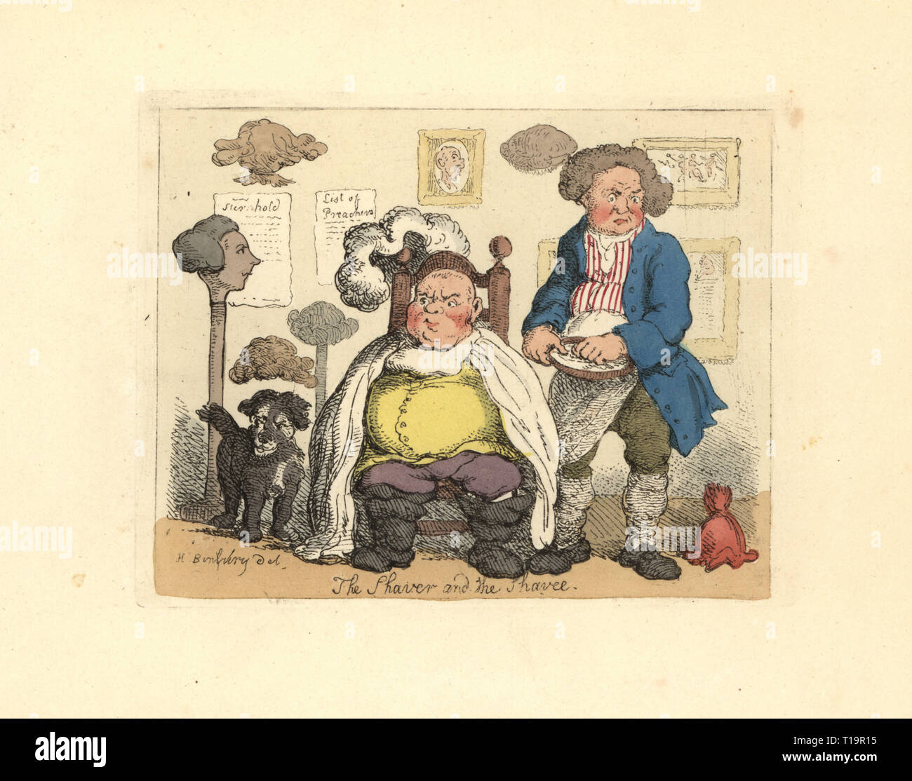 Barber and customer in a barbershop decorated with wigs. The Shaver and the Shavee. Handcoloured copperplate engraving designed by Henry Bunbury and etched by Thomas Rowlandson to accompany Reverend James Beresford’s Miseries of Human Life, Ackermann, 1808. Stock Photo