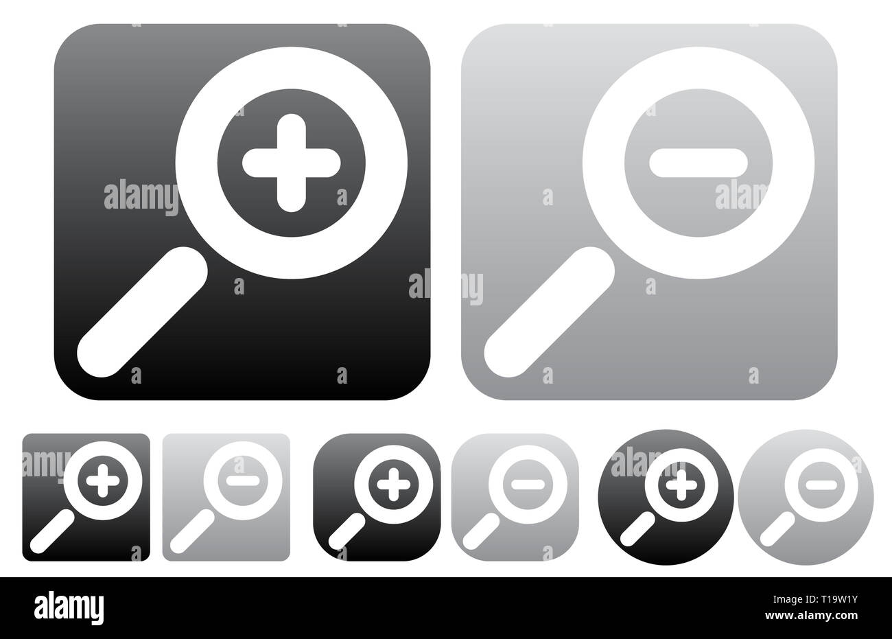 Minimal zoom in, zoom out icons, buttons w/ white magnifying glass