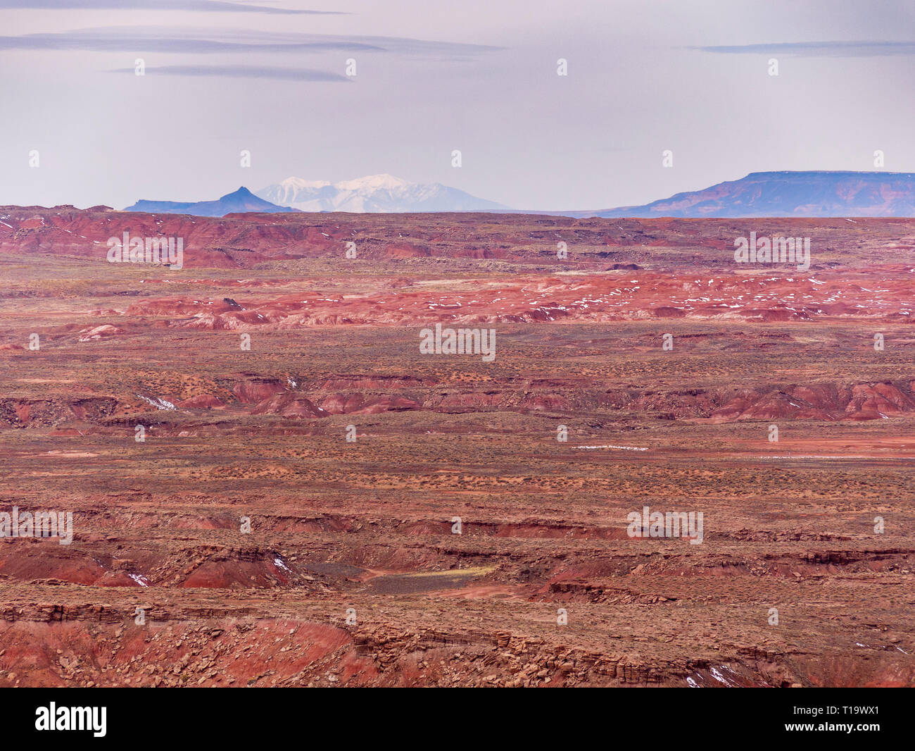 View of the Painted Desert from Pintado Point, Petrified Forest National Park. San Francisco Peaks on horizon over 100 miles away, base below horizon. Stock Photo