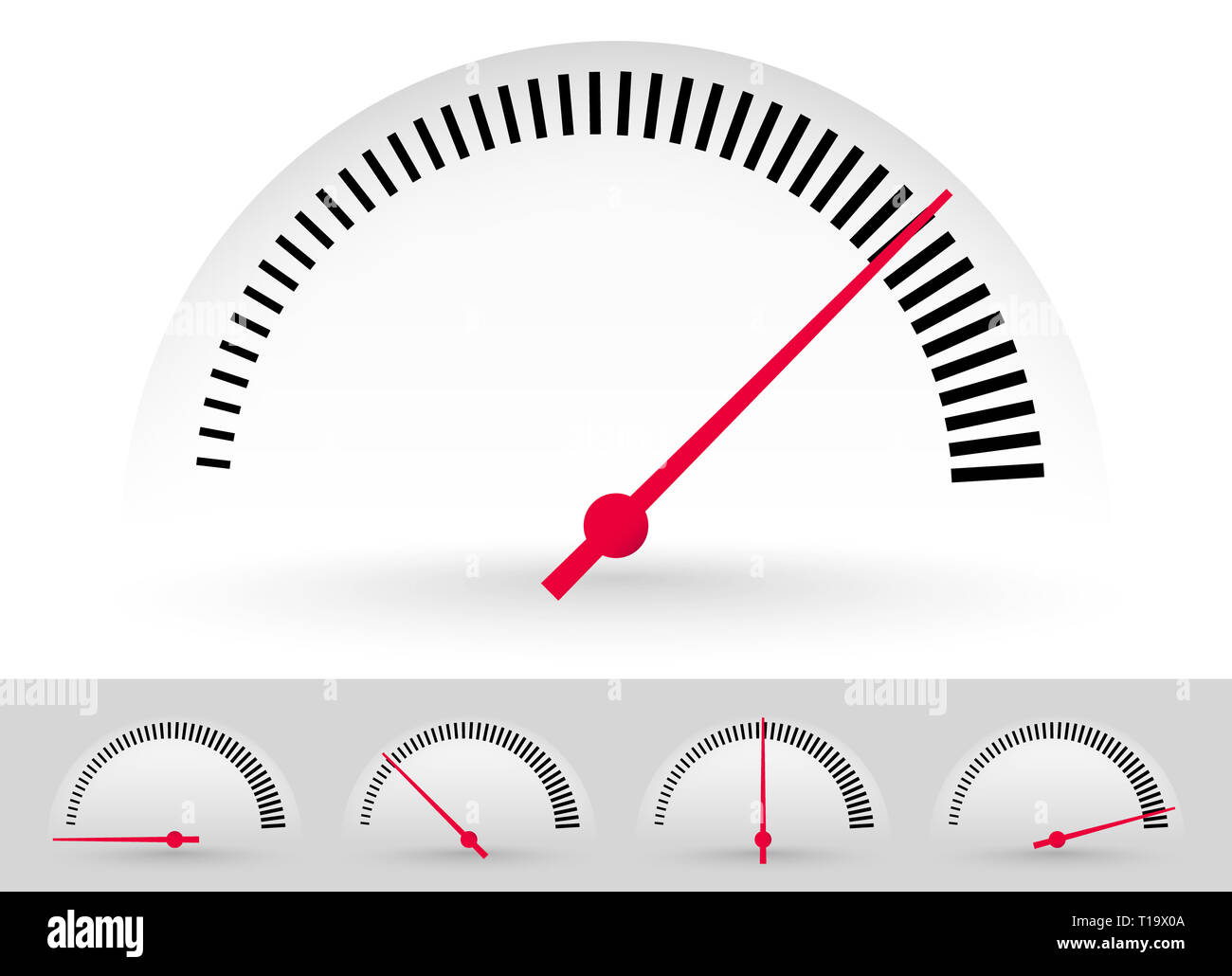 Dial, meter templates with red needle at 5 stages. Measurement, acceleration or generic level