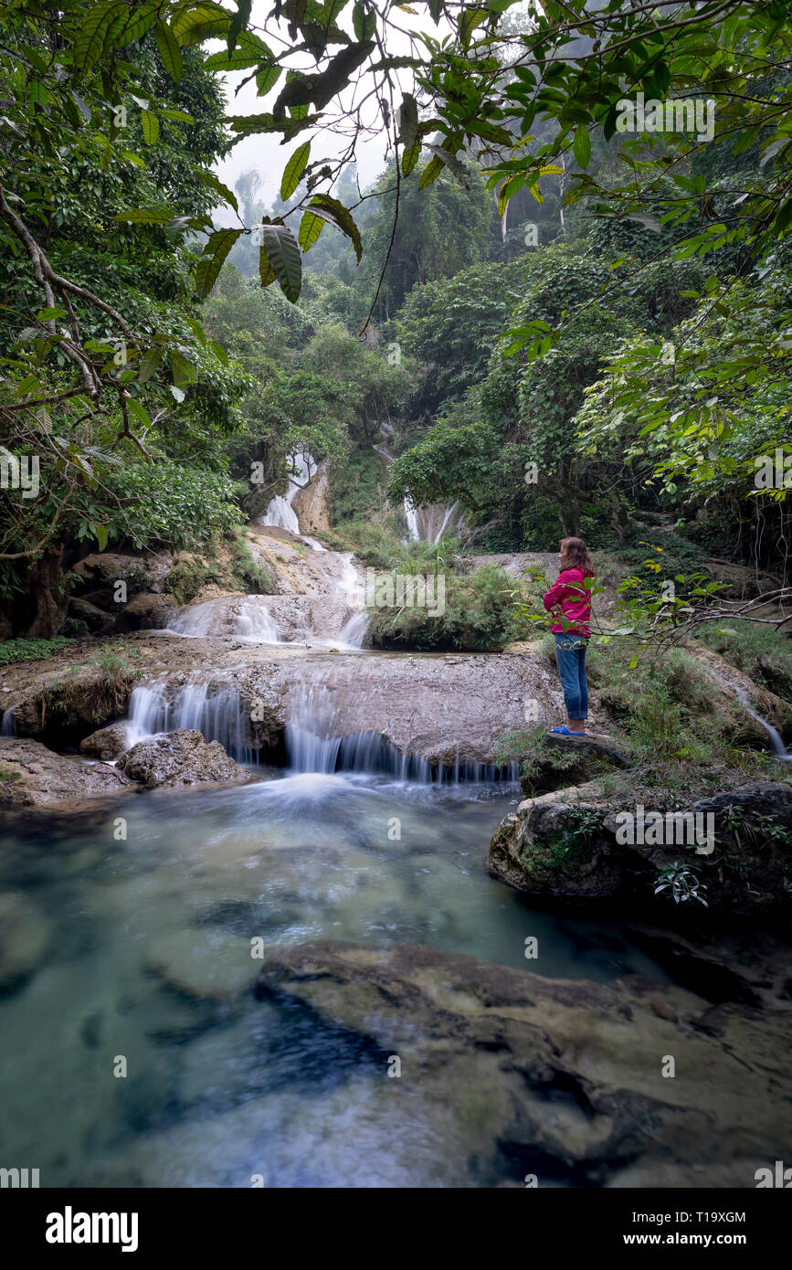 The beauty of Khuoi Nhi waterfall in Thuong Lam, Na Hang, Tuyen Quang Province, Vietnam Stock Photo