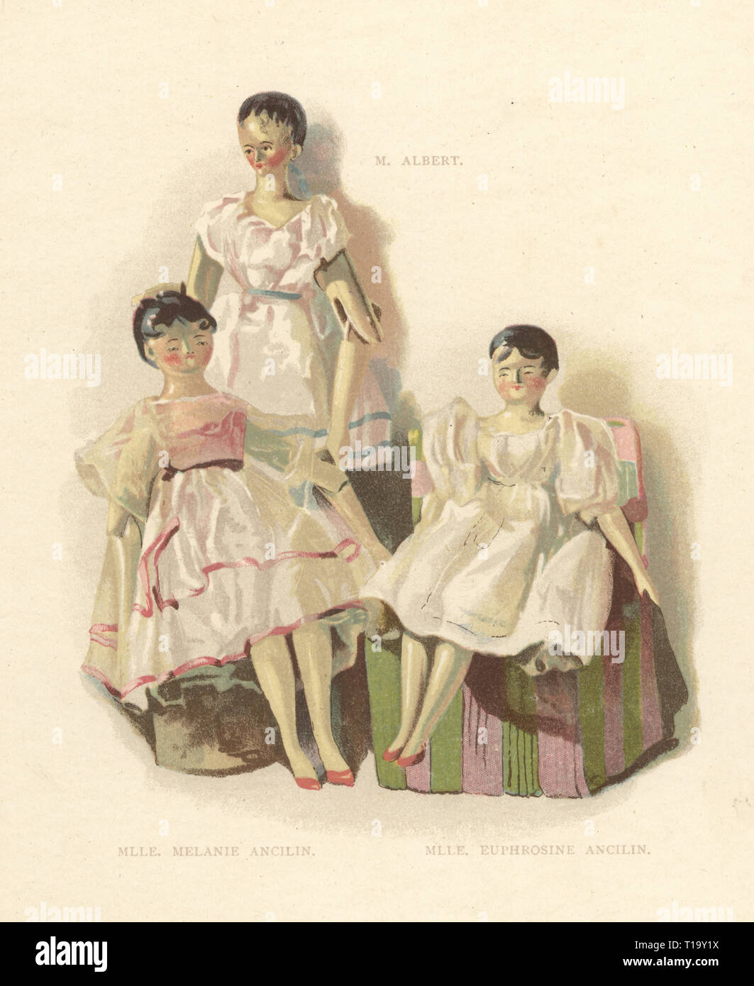 of King's Theatre ballet master M. Albert and ballerina sisters Mlle. Melanie and Mlle. Euphrosine Ancilin dressed by the young Princess Victoria. Color plate after an illustration by Alan Wright from