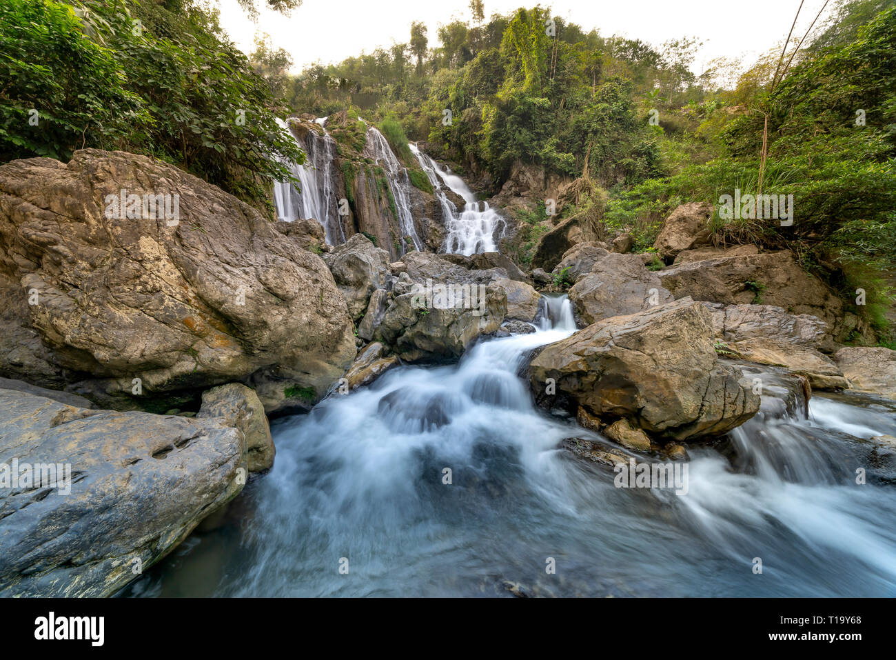 Go Lao waterfall, Mai Chau district, Hoa Binh province, Vietnam - January 4, 2019: The beauty of Go Lao waterfall in Mai Chau district, Hoa Binh provi Stock Photo