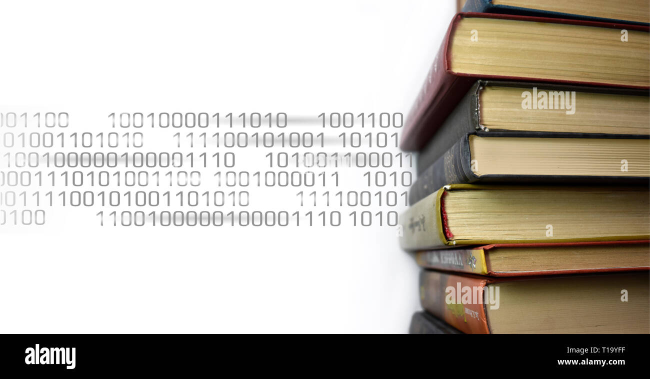 Stack of multicolored books. Old textbooks stacked on each other. Online education technology concept. E-learning training skill courses. Binary code Stock Photo