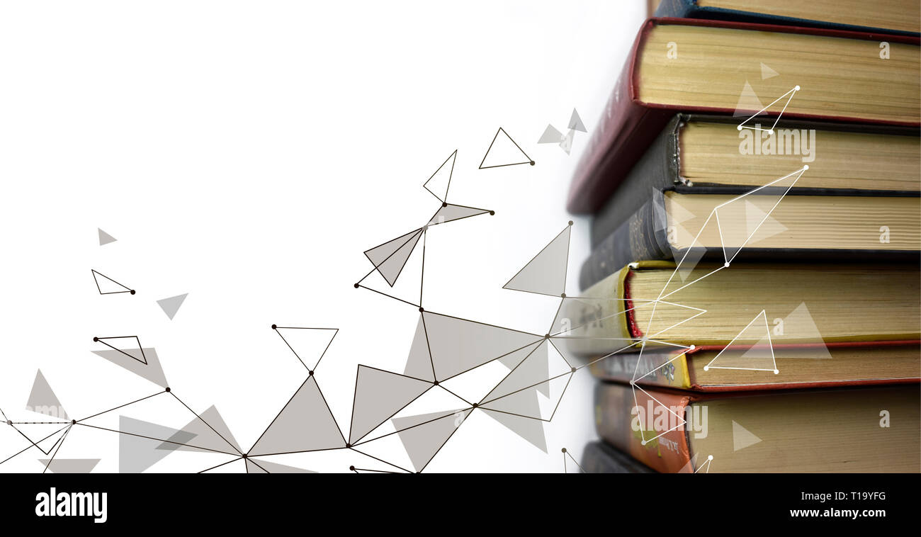 Stack of multicolored books. Old textbooks stacked on each other. Online education technology concept. E-learning training skill courses. Geometric Stock Photo