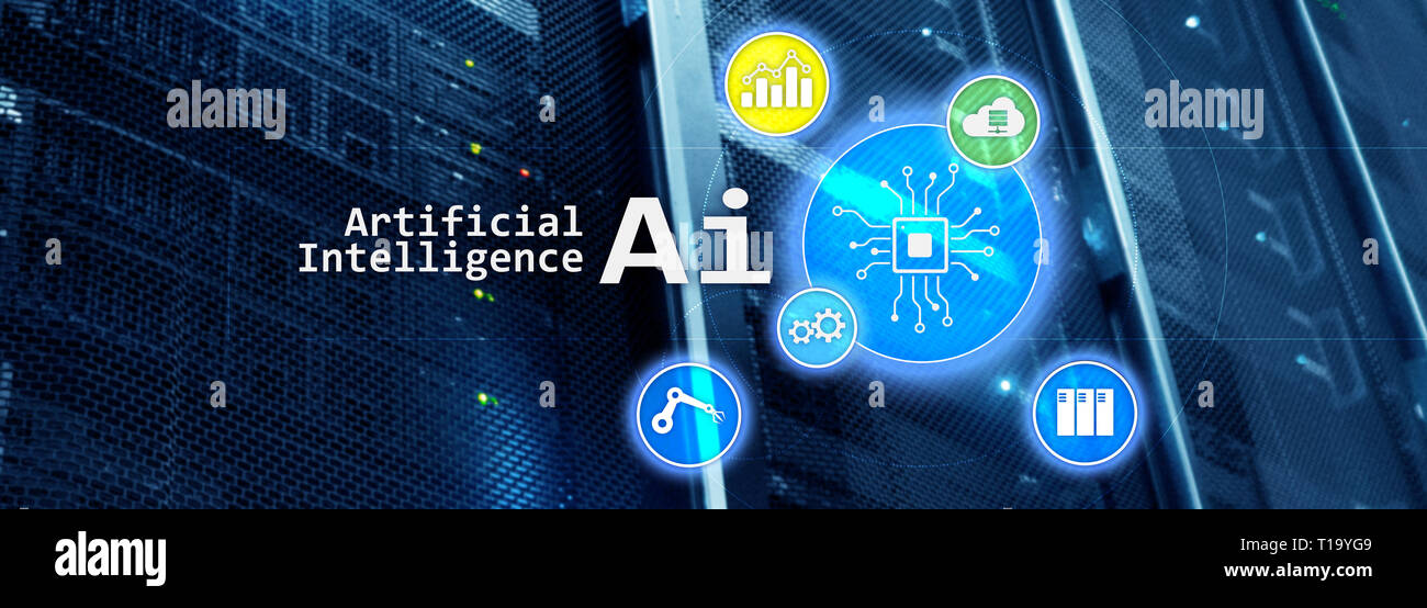 Artificial intelligence hi-tech business technologies concept. Futuristic server room background. AI Stock Photo