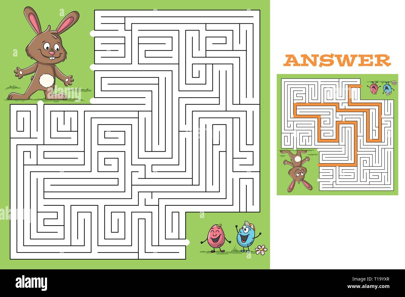 Cartoon easter game puzzle with solution. Vector illustration with separate layers. Stock Vector