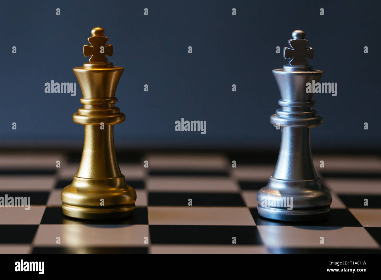 Close up shot of golden and silver chess kings placed against each ...