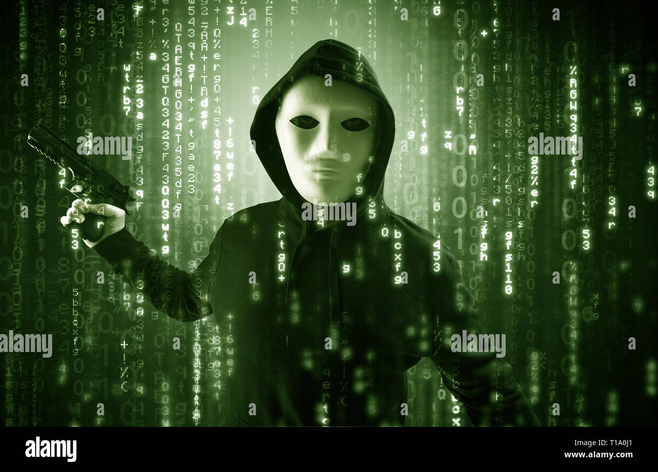 Masked and armed anonymous hacker breaking in cyber security cloud data concept  Stock Photo