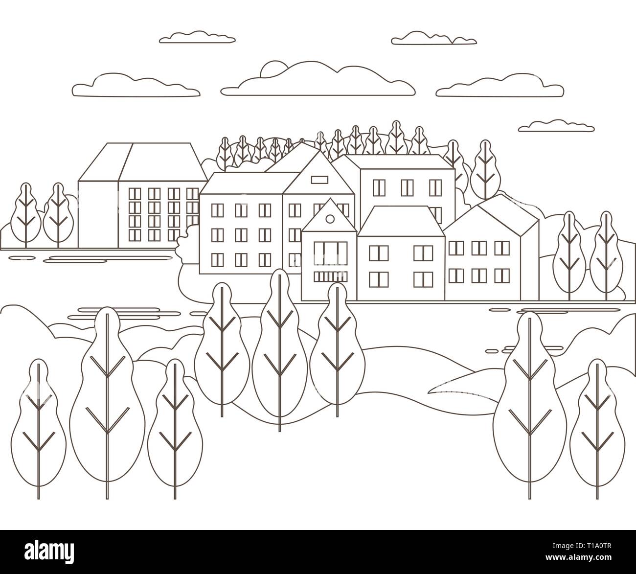 Thin line outline landscape rural farm. Panorama outdoor design village