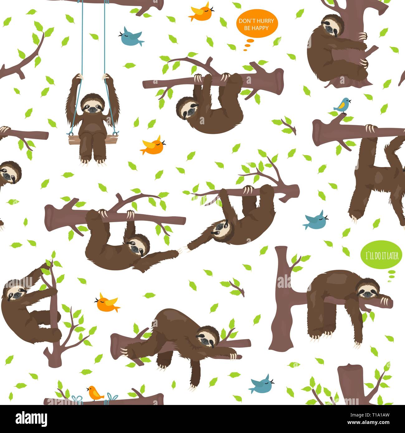 Funny cartoon sloths hanging from the trees. Seamless pattern. Vector illustration Stock Vector