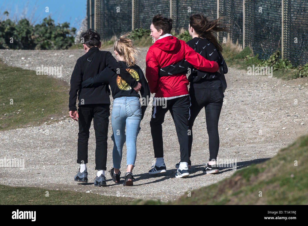 Young teenagers with their arms around each other looking out to sea. Stock Photo