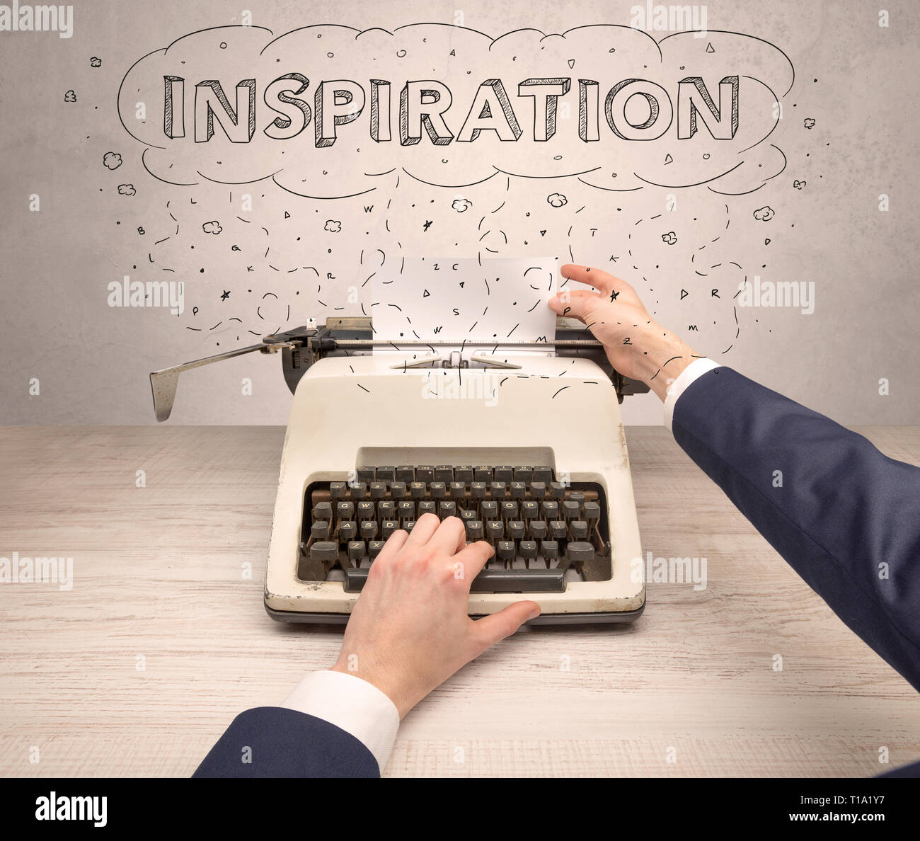 First person perspective hand writing on typewriter with cloud message ...