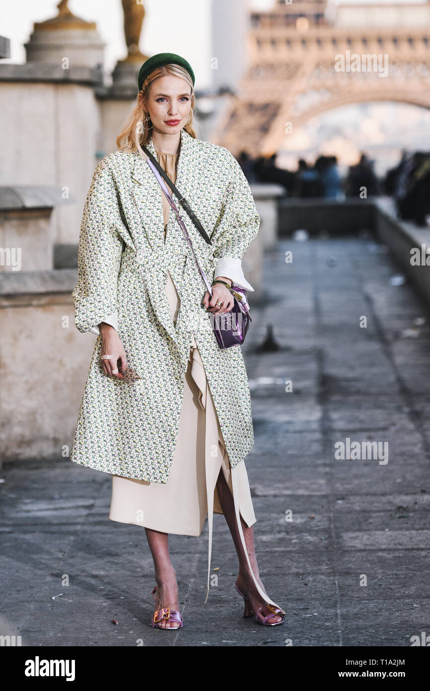 Paris, France -February 27, 2019: Street style outfit -  Leonie Hanne before a fashion show during Paris Fashion Week - PFWFW19 Stock Photo