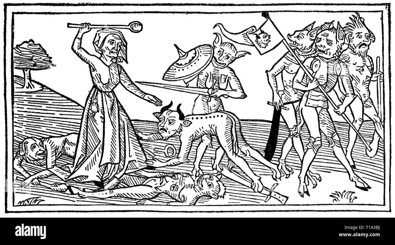 religion, angel and devil, row between devils and a quarrelsome woman, woodcut, broadsheet, print: Guenther Zainer (+ 1478), Augsburg, circa 1470, Additional-Rights-Clearance-Info-Not-Available Stock Photo