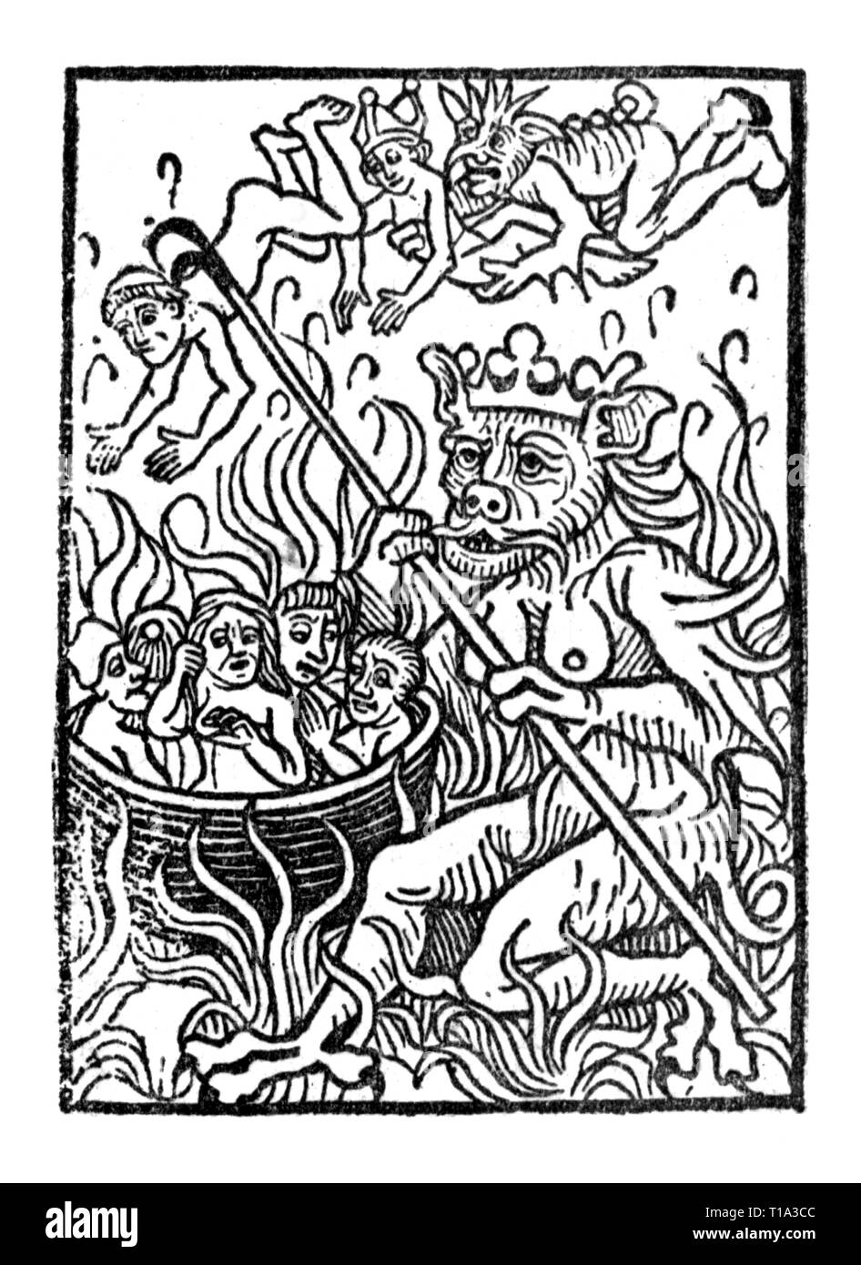 religion, angel and devil, 'Der Hoellenfuerst' (The Prince of Hell), woodcut, from: 'Spiegel menschlicher Behaltnis', print: Peter Drach (+ circa 1481), Speyer, 1478, Additional-Rights-Clearance-Info-Not-Available Stock Photo