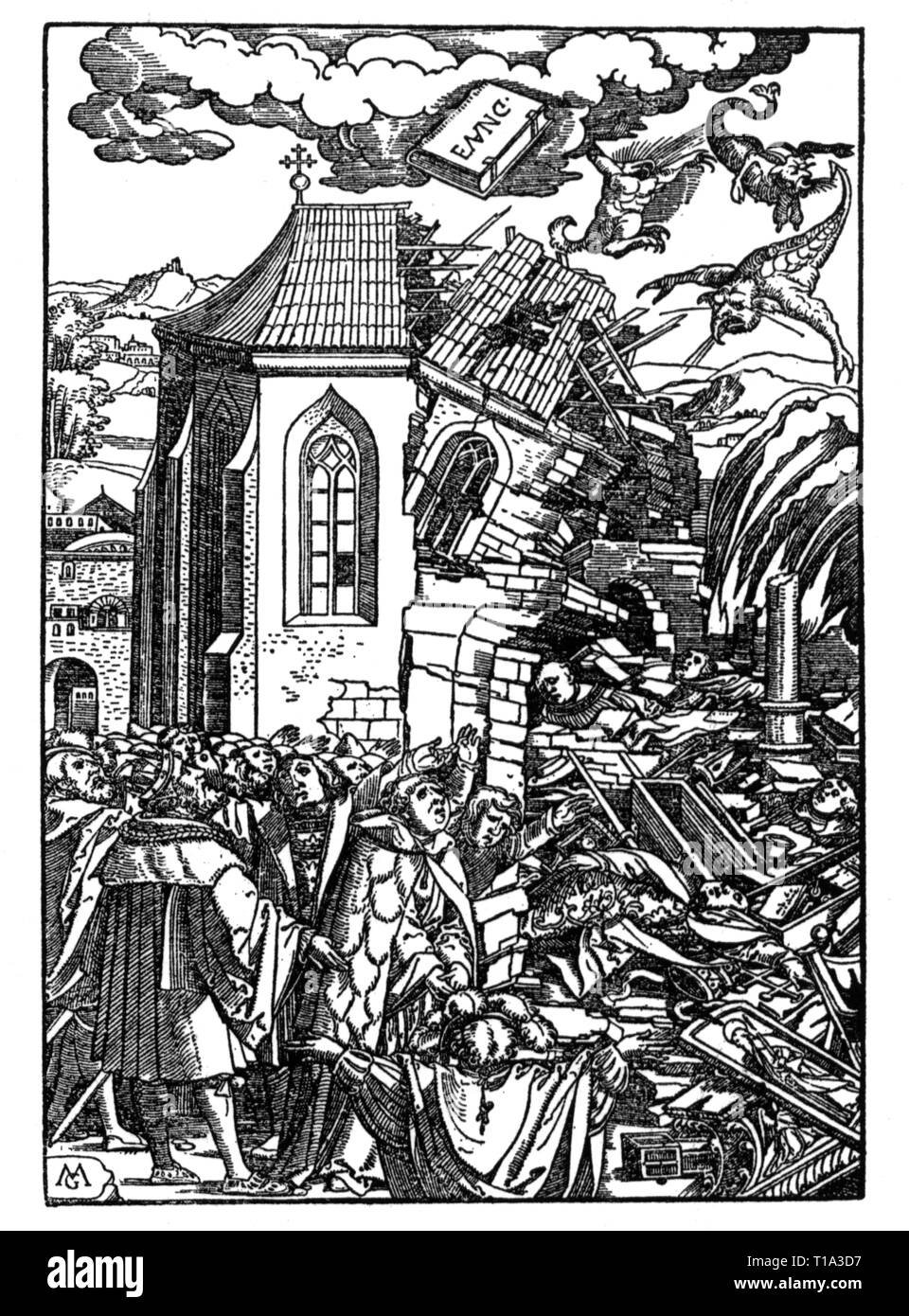 religion, Christianity, allegory, destruction of the Catholic church in reference to the Book of Revelations, chapter 18, woodcut, by Matthias Gerung (1500 - 1570), from: Sebastian Meyer, 'In Apocalypsin Joannis Apostoli Commentarius', Zurich, 1530, Additional-Rights-Clearance-Info-Not-Available Stock Photo