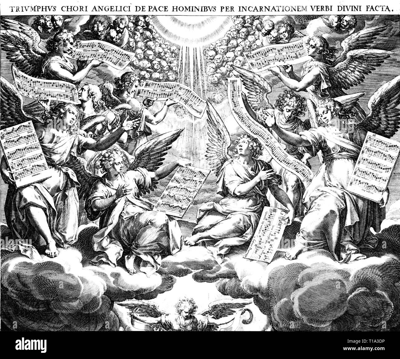 religion, angel and devil, choir of the angels annunciating the birth of Christ, detail, copper engraving, 1587, municipal museum, Munich, Artist's Copyright has not to be cleared Stock Photo
