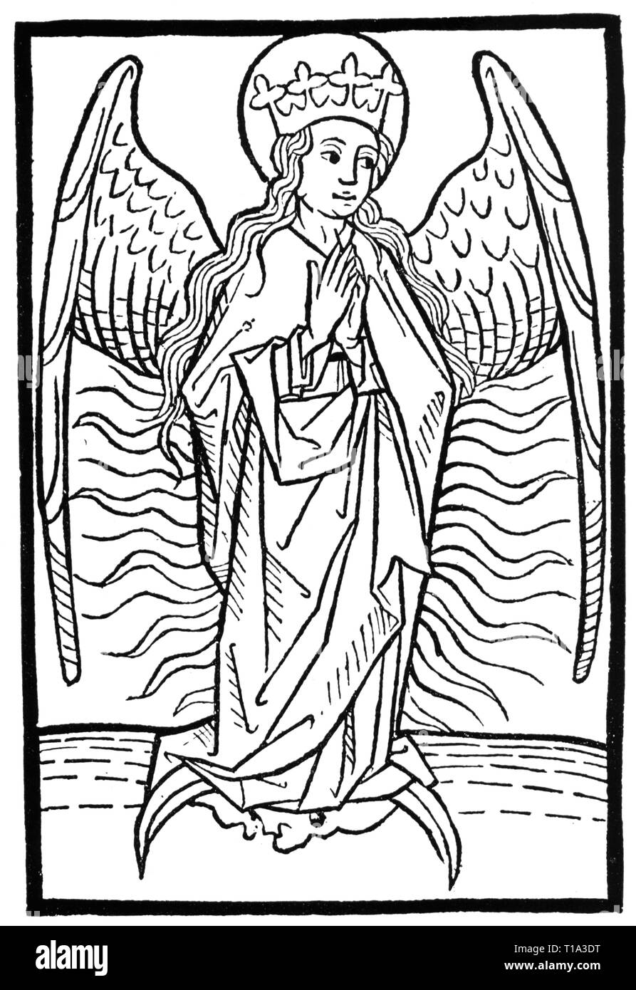 religion, angel and devil, angel, woodcut, 15th century, Additional-Rights-Clearance-Info-Not-Available Stock Photo