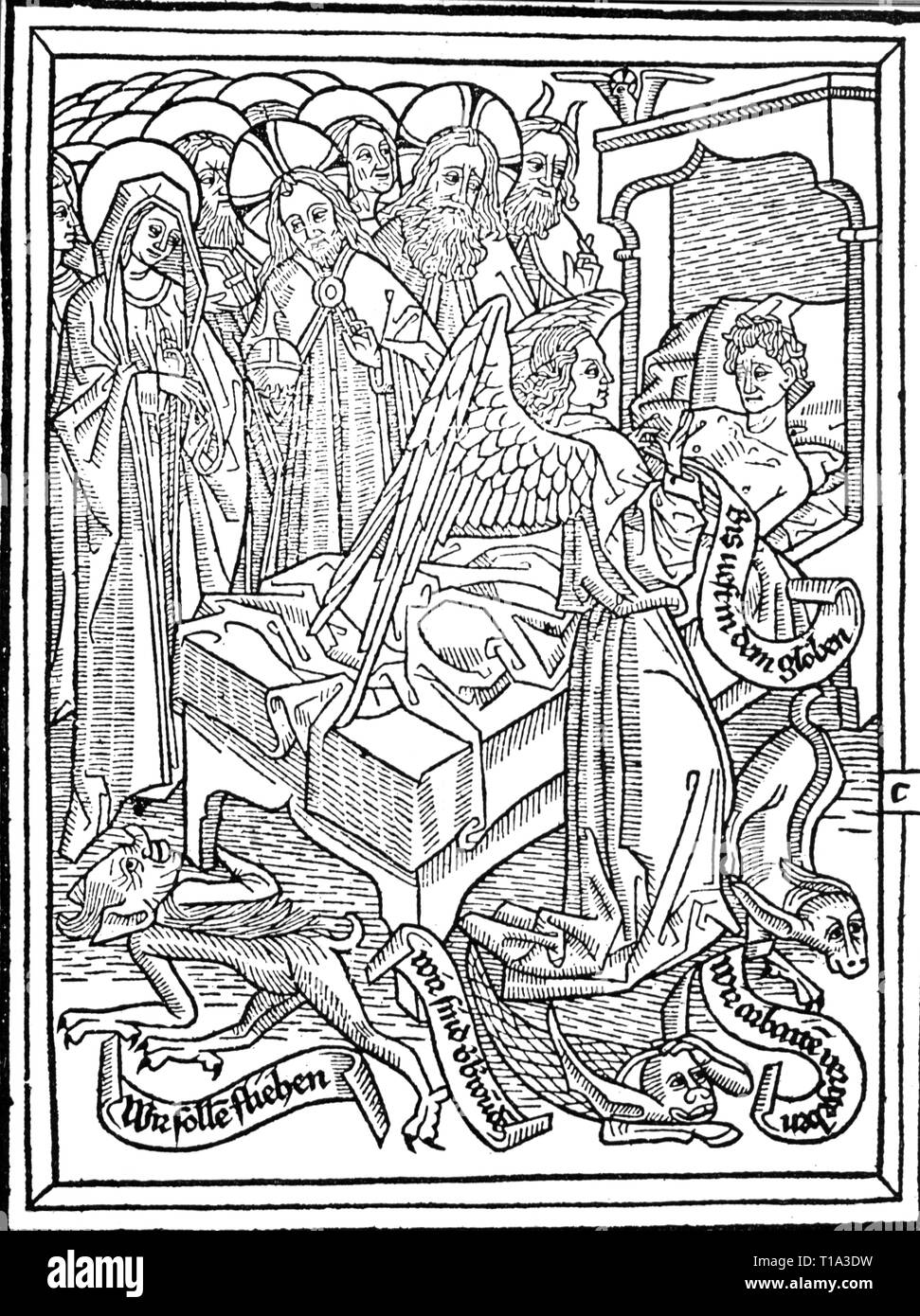 religion, Christianity, allegory, dying person is protected by God and the saints while the evil powers are fleeing, woodcut, by Ludwig of Ulm, from: "Ars moriendi", Ulm, 1470, Additional-Rights-Clearance-Info-Not-Available Stock Photo