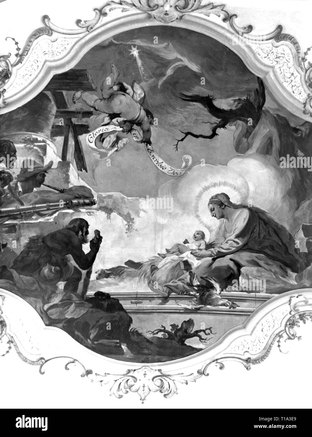 religion, Christianity, Jesus Christ, nativity, The Nativity, ceiling painting, by Matthaeus Guenther (1705 - 1788), 1737, Church of Our Lady of Perpetual Succour, Bad Toelz, Artist's Copyright has not to be cleared Stock Photo