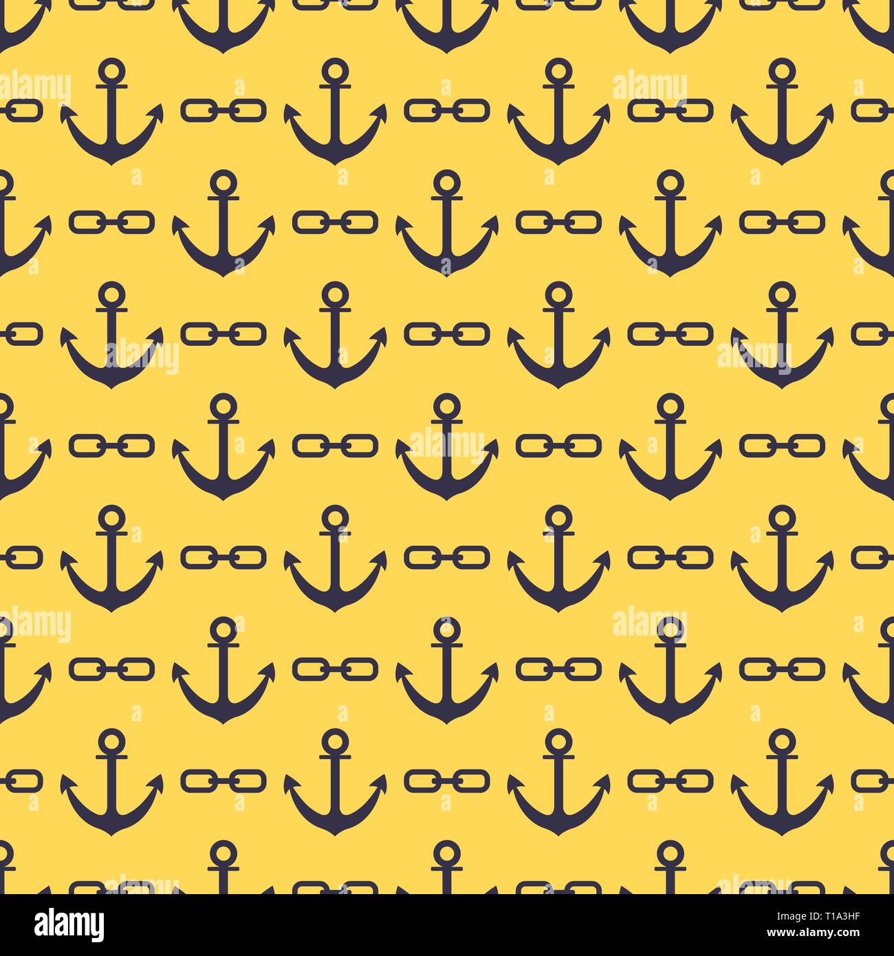 Seamless pattern with anchors and chains. Sea background. Design for banner, poster, textile, print. Stock Vector