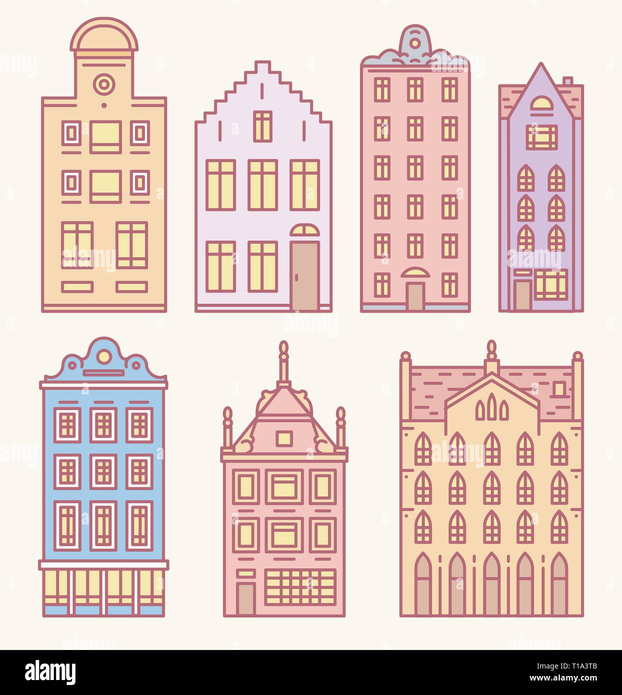 Europe house or apartments Set of Doodle sketch. Cute architecture in