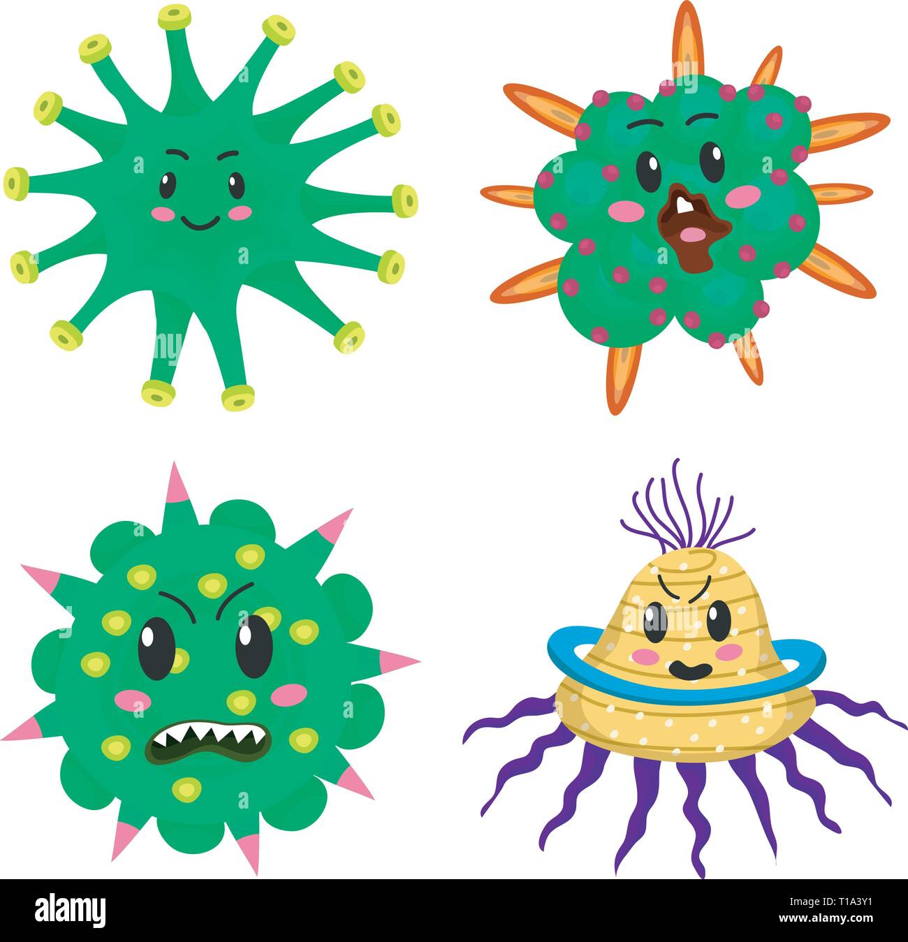 Set of bacteria characters. Cartoon Cute germ virus funny infection. Funny bad emotions micro Microbe. Color Monster, pathogen or parasite. Stock Vector