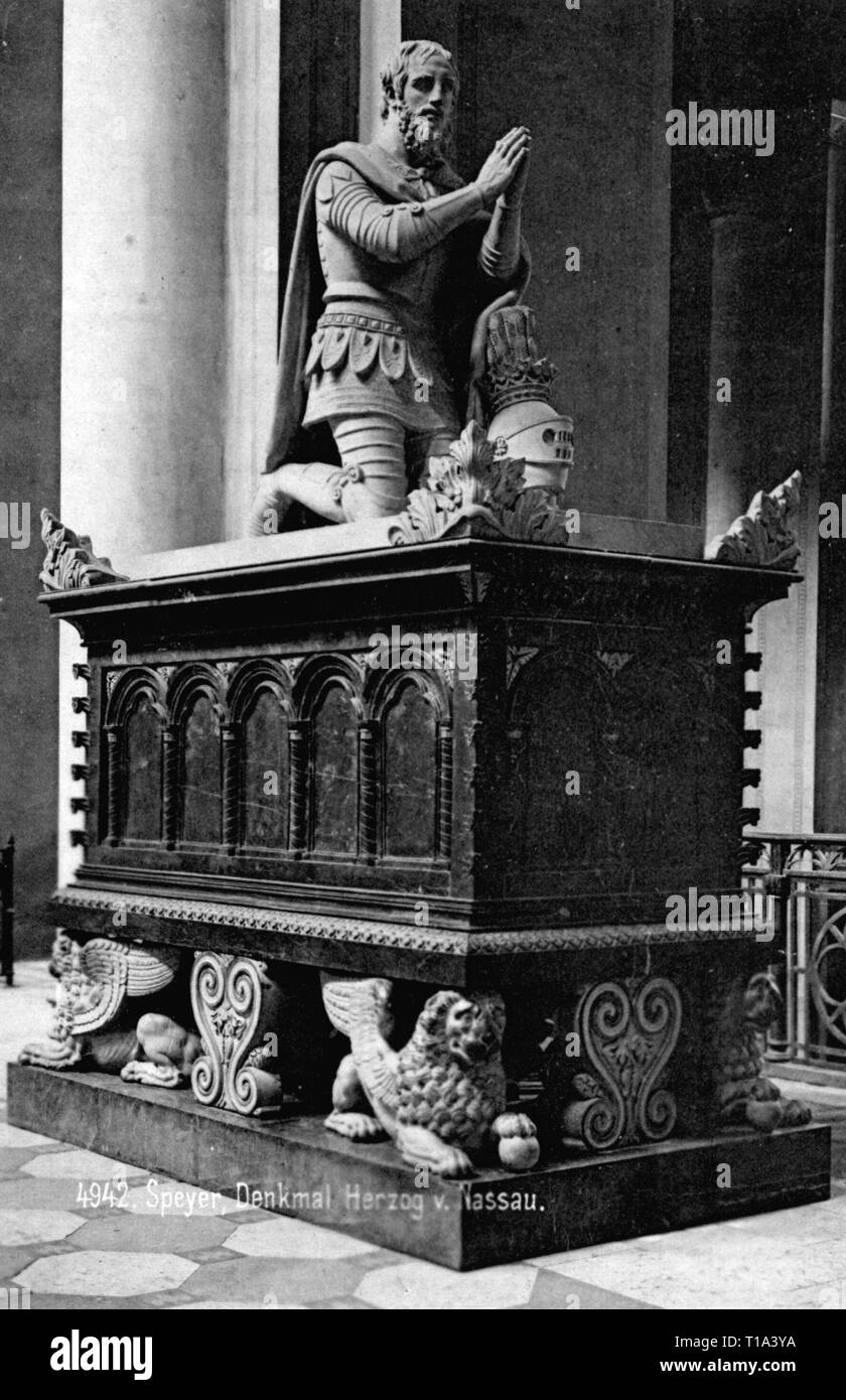 geography / travel historic, Germany, cities and communities, Speyer, churches, cathedral Saint Mary and Saint Stephen, interior view, vestibule, grave of the German King Adolf of Nassau, statue by Landolin Ohmacht based on draft by Leo von Klenze, 1824, Additional-Rights-Clearance-Info-Not-Available Stock Photo