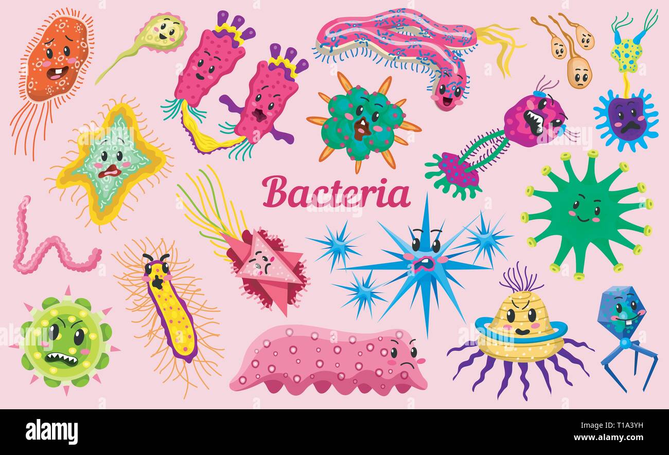 Set of bacteria characters. Cute germ and micro Microbe funny infection and  virus. Funny bad emotions. Cartoon Color Monster, pathogen or parasite  Stock Vector Image & Art - Alamy