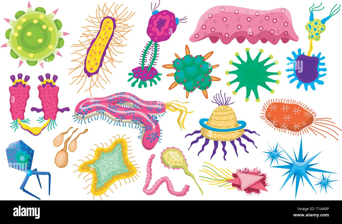 Set of bacteria characters. Cartoon Cute germ virus funny infection. Funny  bad emotions micro Microbe. Color Monster, pathogen or parasite Stock  Vector Image & Art - Alamy