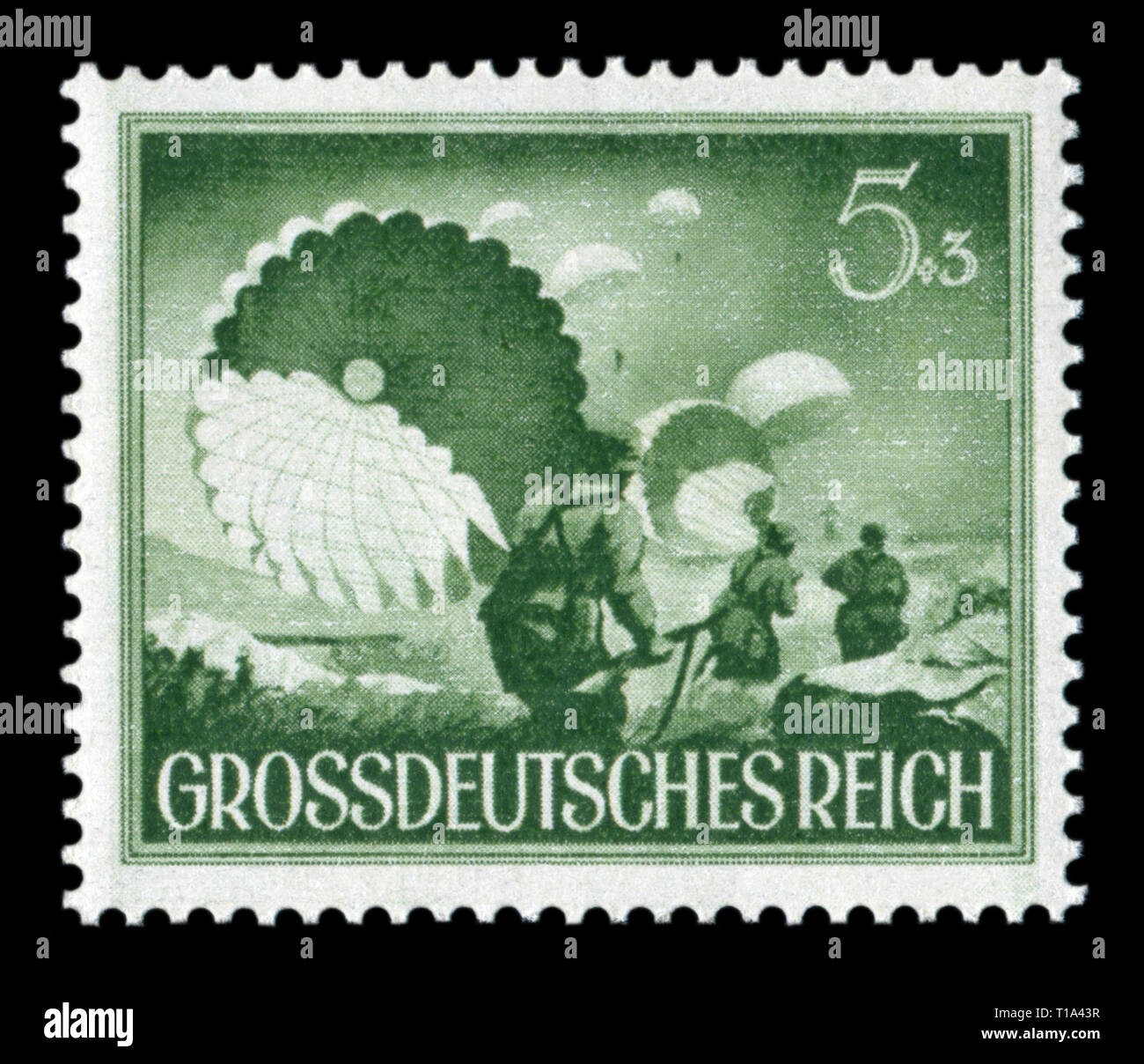 German historical stamp: Parachute troops of the 3rd Reich.The Army Of The third Reich. Day of commemoration of the fallen soldiers, issue 1944, DR Stock Photo