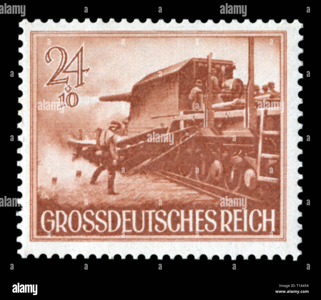 German historical stamp: Heavy artillery rail gun Eisenbahngeschütz. Day of commemoration of the fallen soldiers, issue 1944, Germany Stock Photo