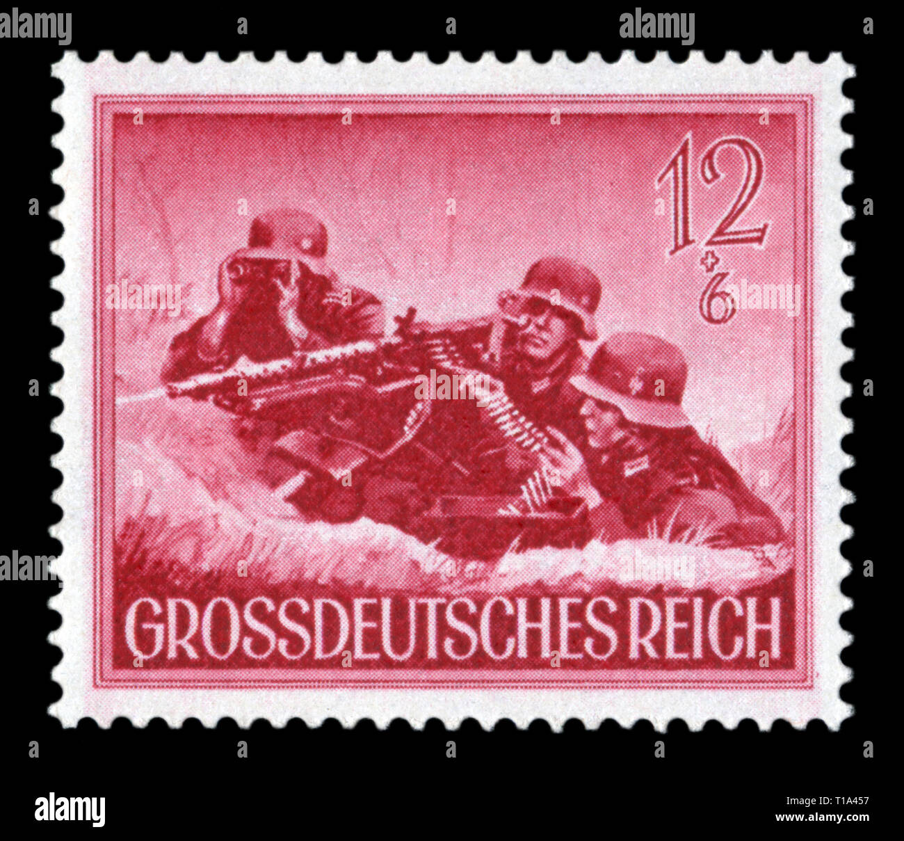 German historical stamp: Machine gunners division of the Wehrmacht. The Army Of The third Reich. Day of commemoration of the fallen soldiers, 1944 Stock Photo