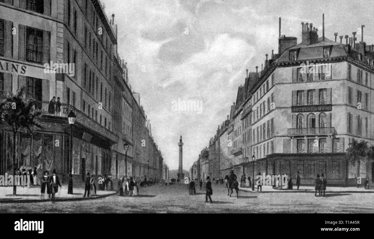 geography / travel historic, France, cities and communities, Paris, streets, Rue de la Paix, view to the Place Vendome, illustration, 1840s, Additional-Rights-Clearance-Info-Not-Available Stock Photo