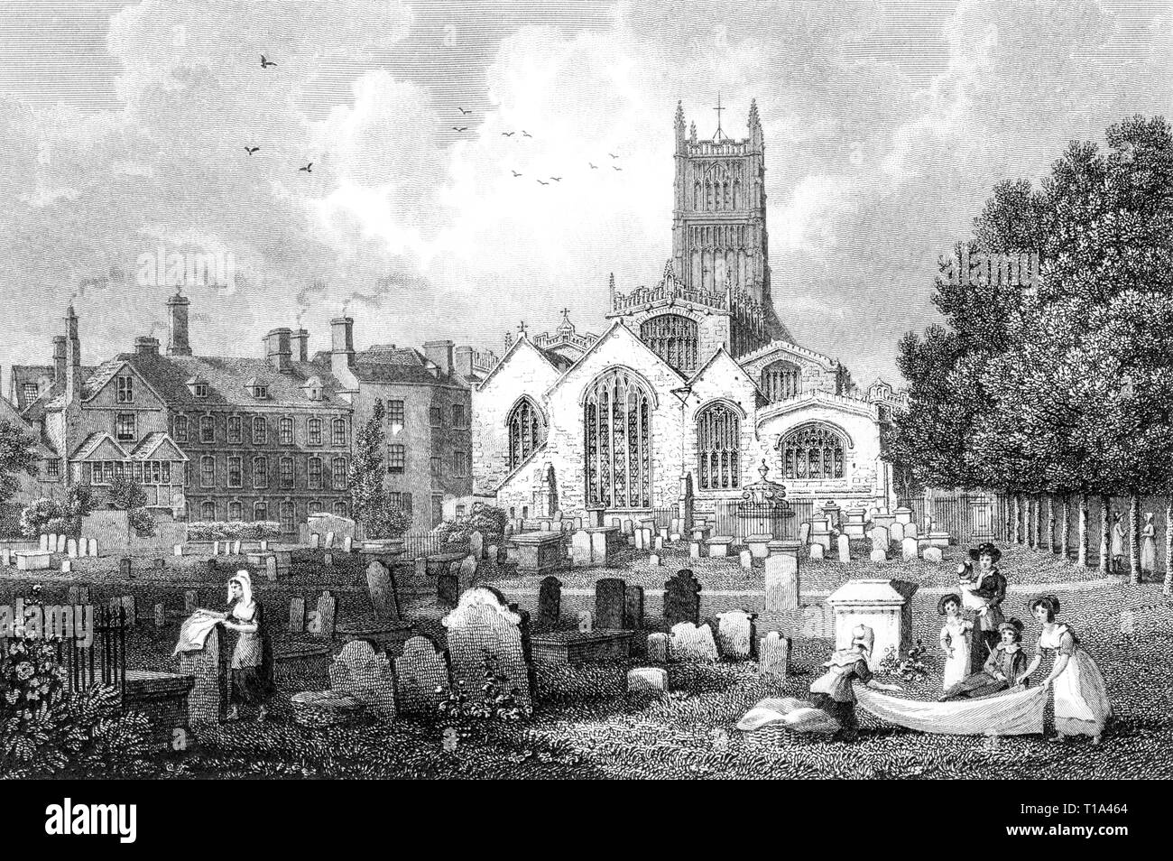 An engraving of Cirencester Church, Gloucestershire UK scanned at high resolution from a book published in 1825. Believed copyright free. Stock Photo
