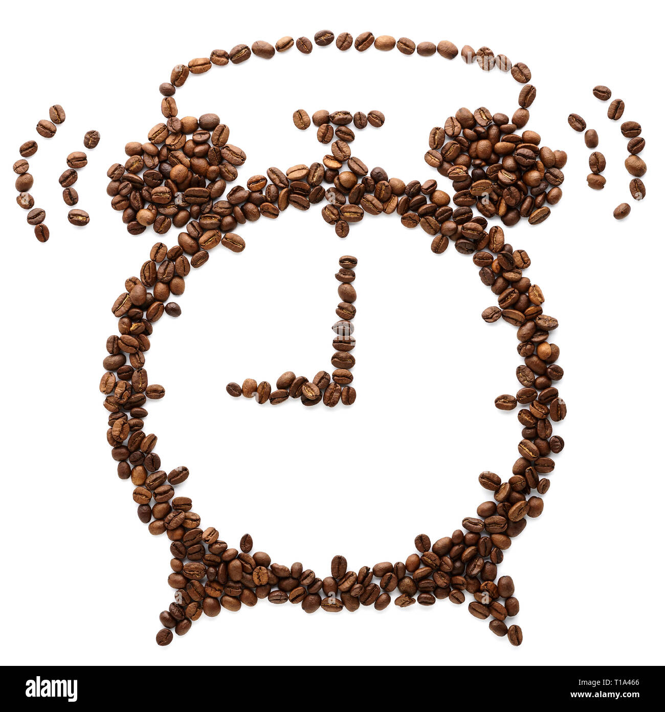 Roasted coffee beans shaped as ringing alarm clock. Coffee time concept