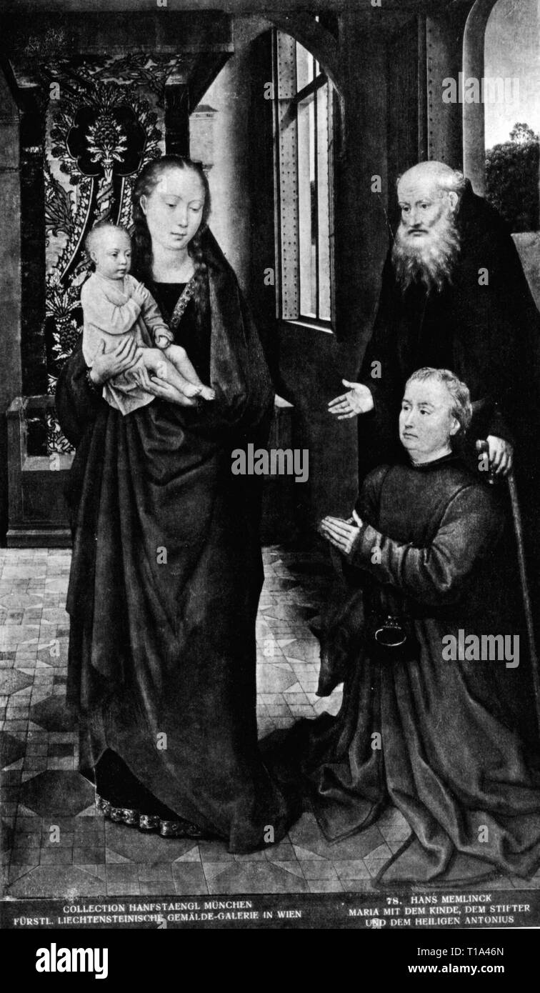 religion, Christianity, Madonna / Mary with child, 'Madonna with Saint Anthony and praying donor', painting by Hans Memling (between 1433 / 1440 - 1494), 1472, oil on panel, 93 x 55 cm, National Gallery of Canada, Ottawa, Artist's Copyright has not to be cleared Stock Photo