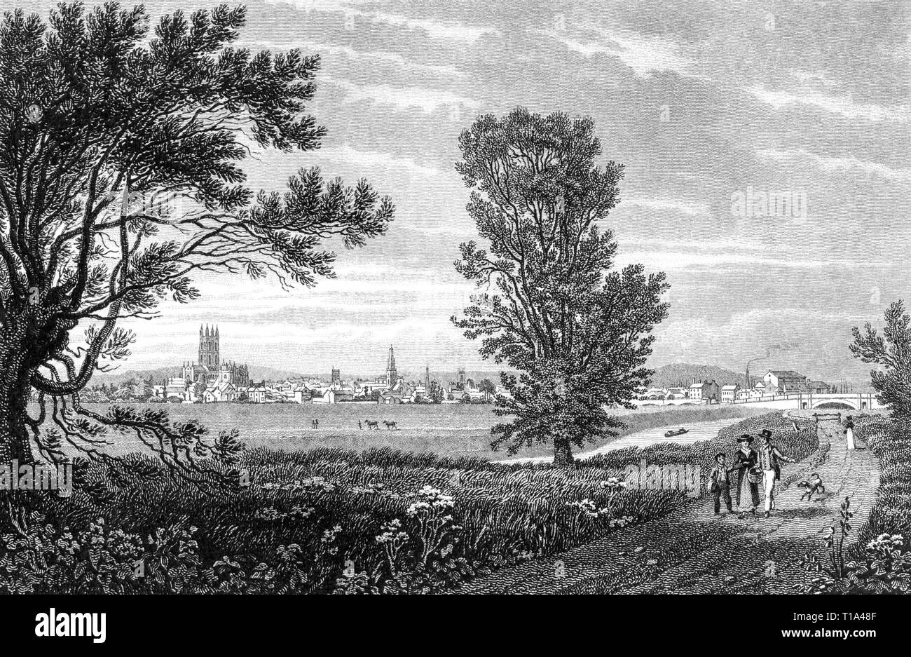 An engraving of a NW view of Gloucester, Gloucestershire UK scanned at high resolution from a book published in 1825. Believed copyright free. Stock Photo
