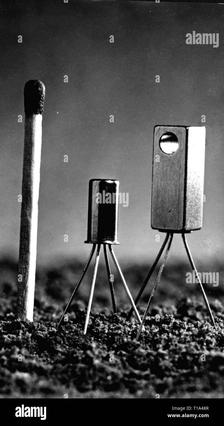 technics, electrical engineering, transistors of Telefunken, size comparison with a match, Germany, April 1964, Additional-Rights-Clearance-Info-Not-Available Stock Photo