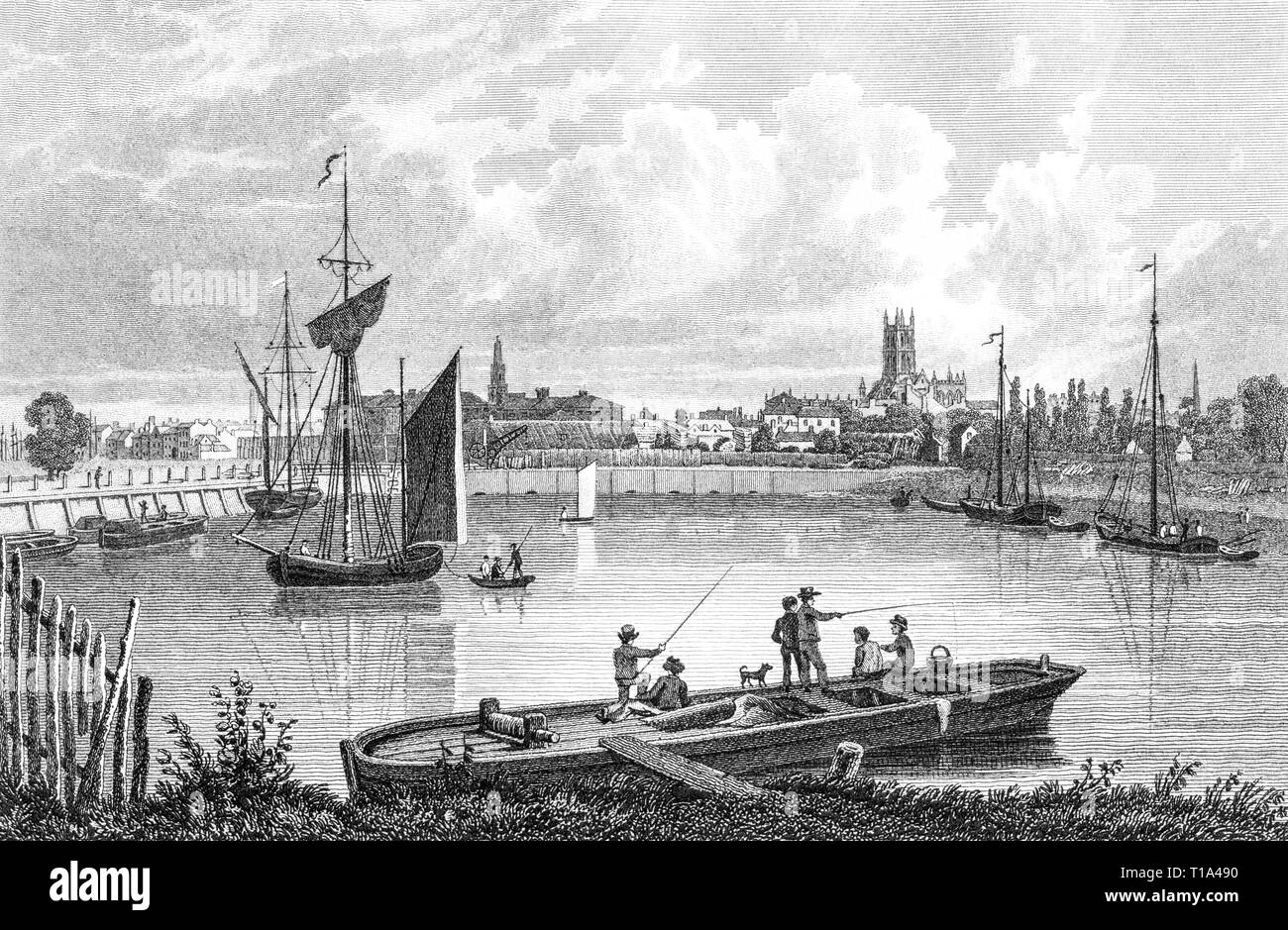 An engraving of a SW view of Gloucester, Gloucestershire UK scanned at high resolution from a book published in 1825. . Believed copyright free. Stock Photo